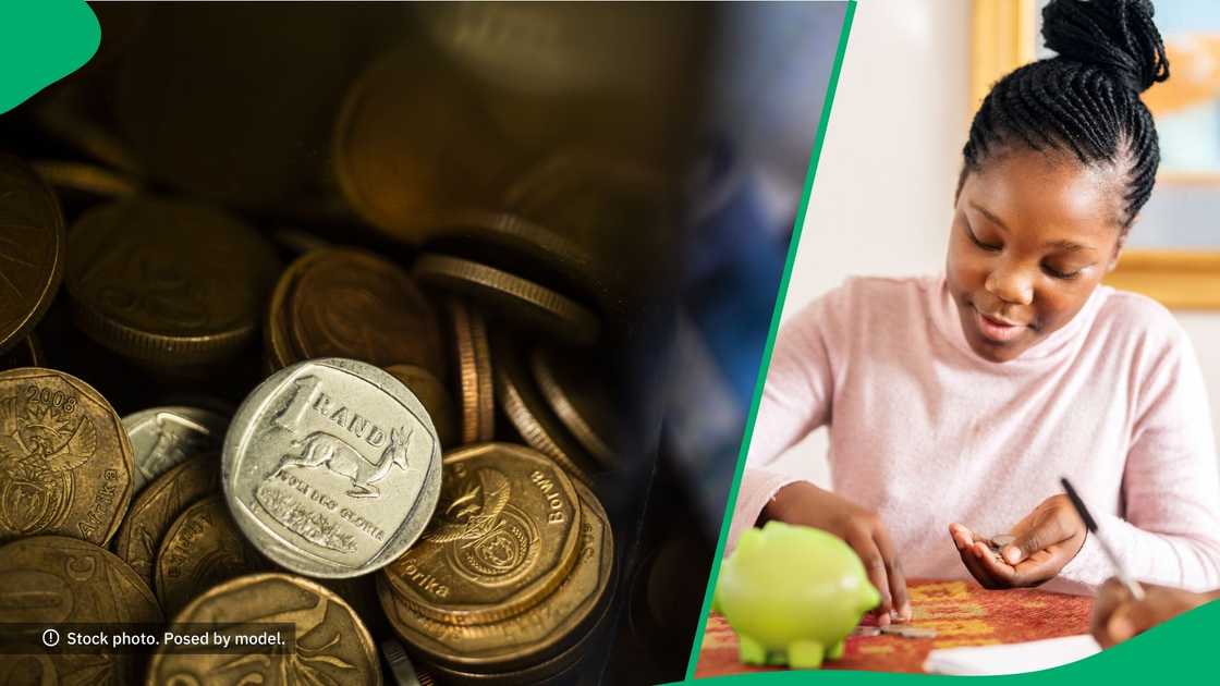 A girl saved money in her piggy bank. A girl saved money in her piggy bank.