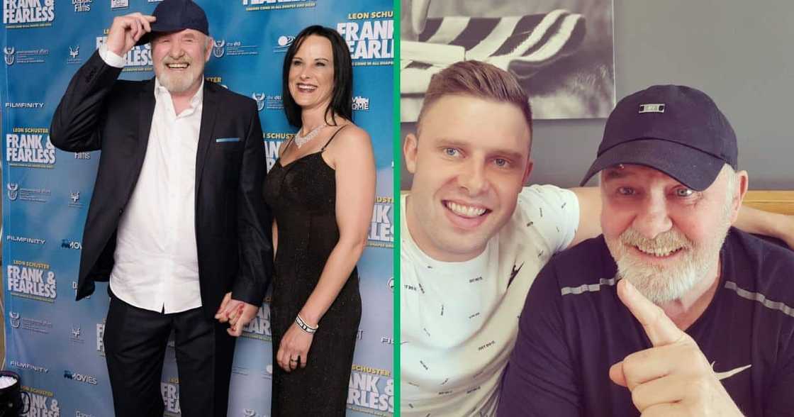 Leon Schuster standing with his ex-girlfriend Amanda Coetzee and posing with his son Ernest