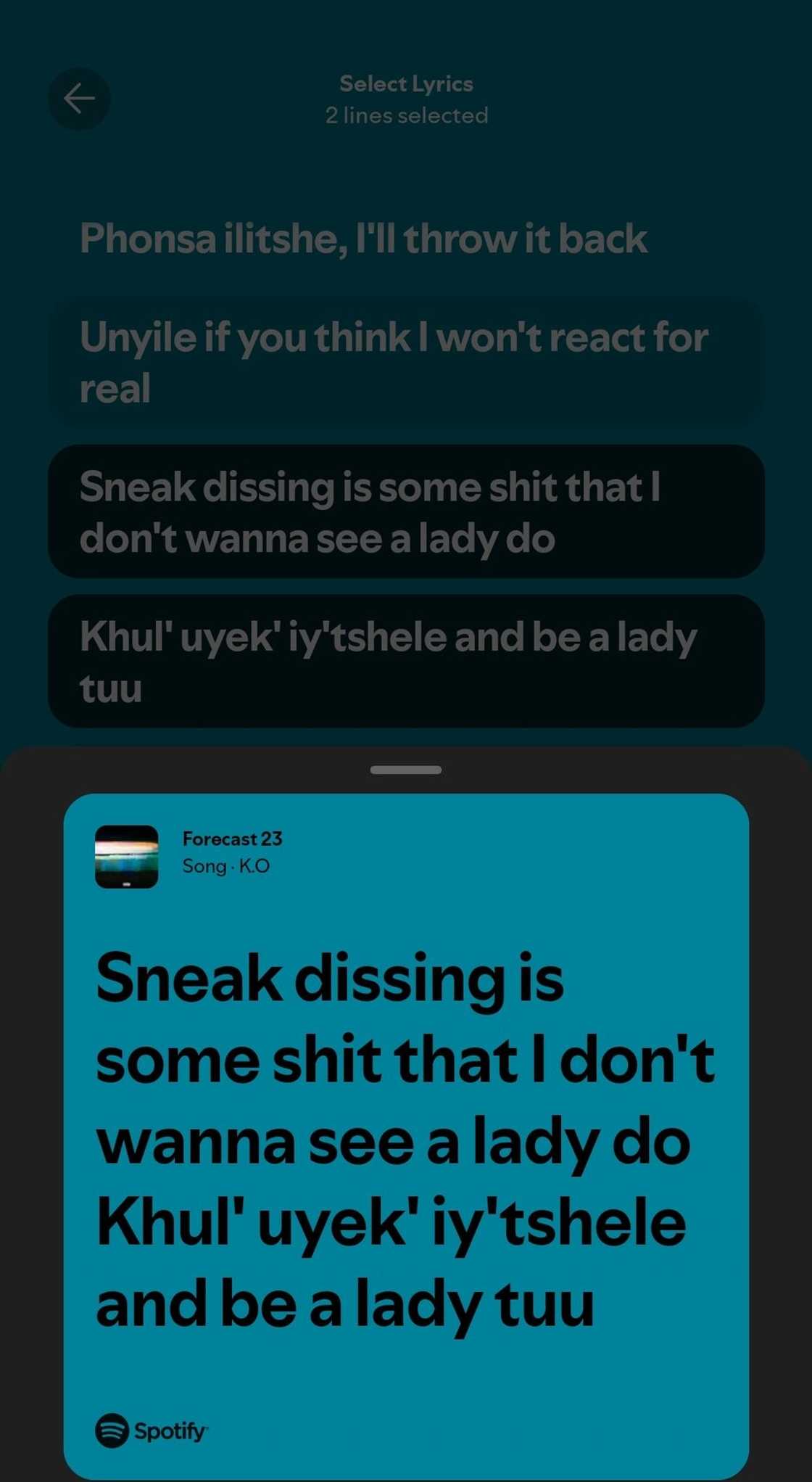 A screenshot of lyrics from K.O's song 'Forecast 23.'
