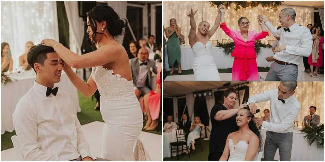 Video shows bride and groom shaving their hair on wedding day in solidarity with mum battling cancer Video shows bride and groom shaving their hair on wedding day in solidarity with mum battling cancer
