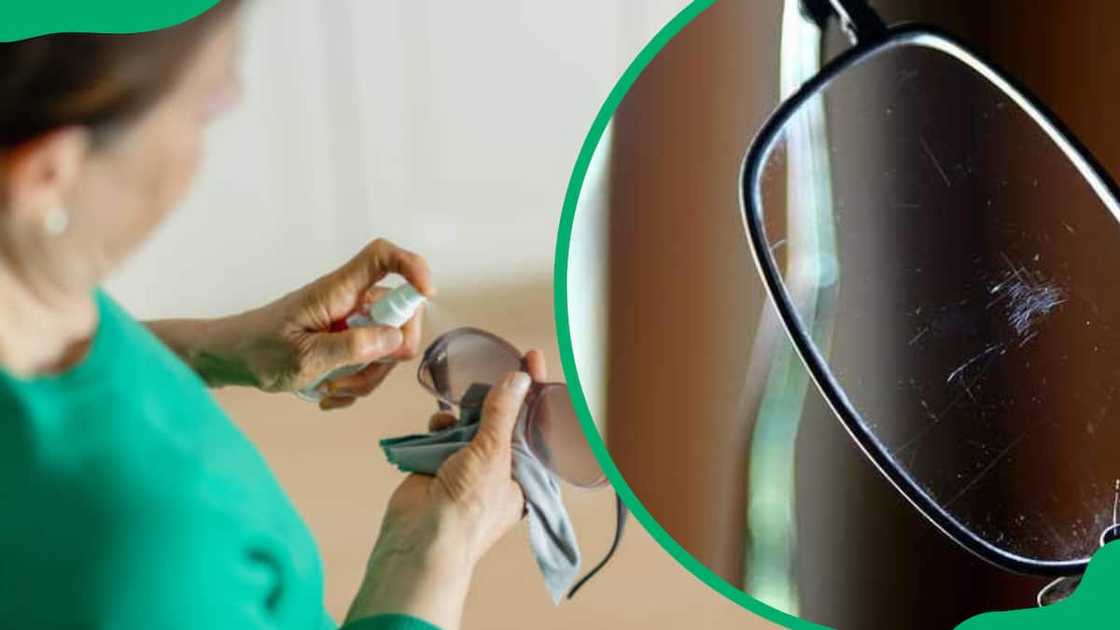 A woman removing scratches from glasses A woman removing scratches from glasses