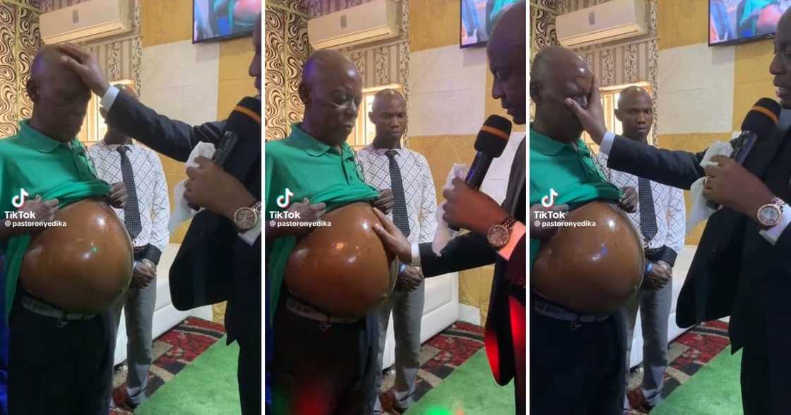 African pastor prayed for a man with a pregnant-like stomach