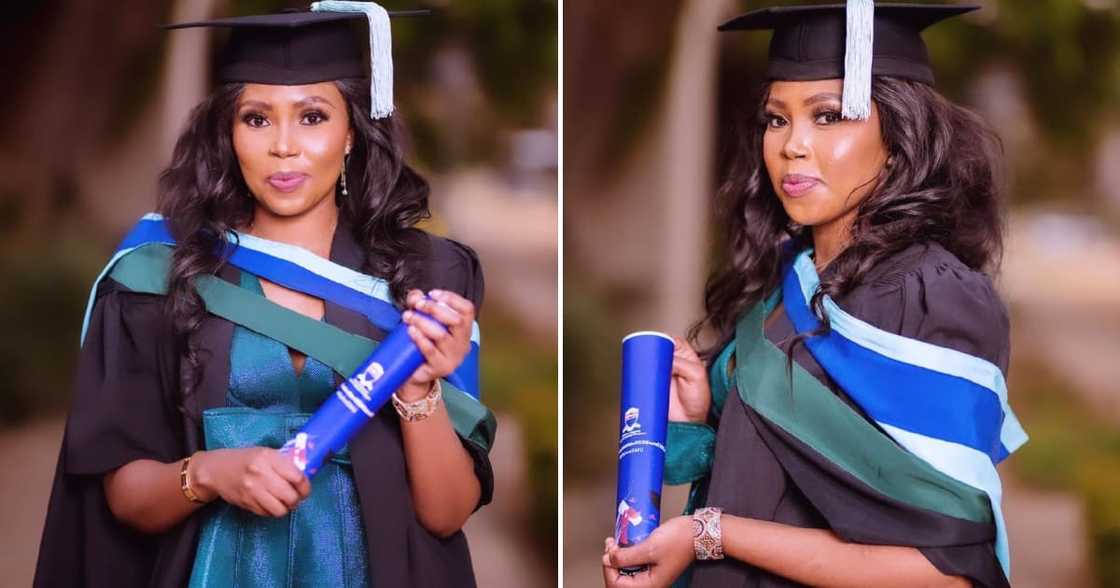 A young woman from Gauteng is thrilled about bagging a Master of Science in Medicine, celebrating on LinkedIn with cute pics