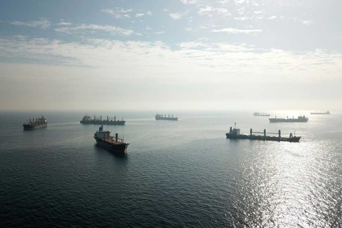 Ships loaded with grain in the anchorage area of the southern entrance to the Bosphorus on October 31 in Istanbul