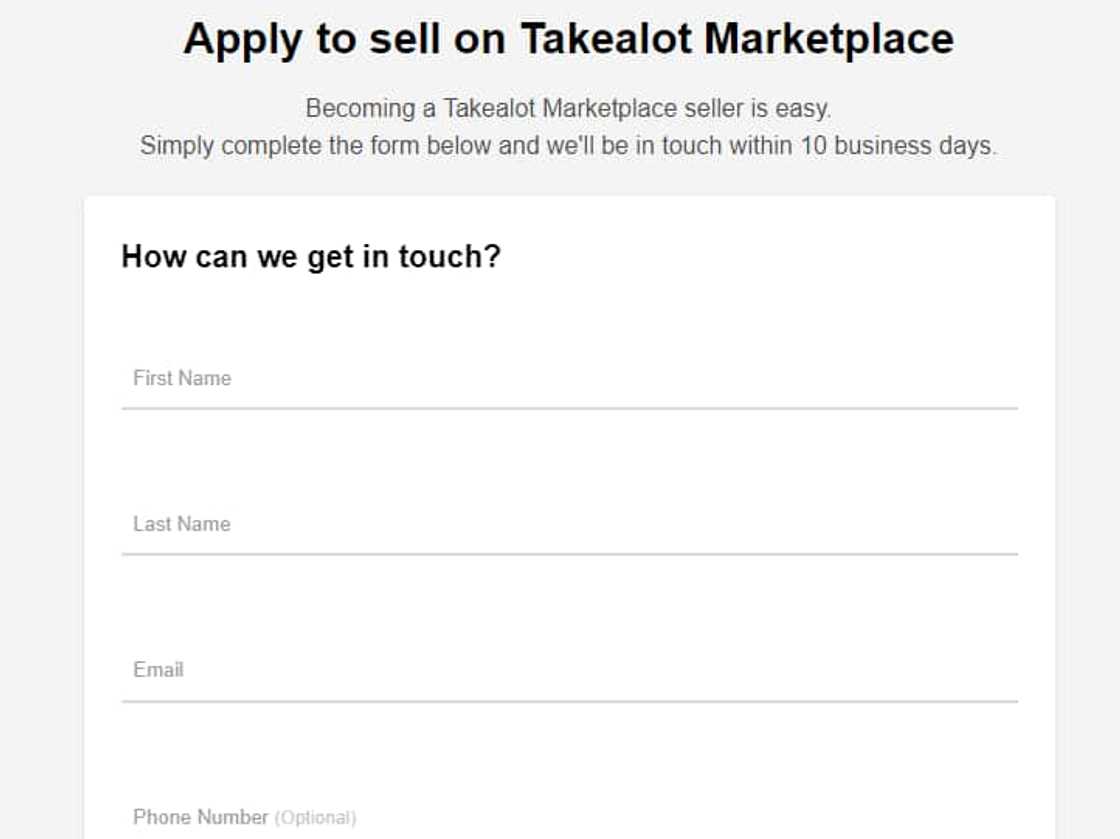 The Takealot application form The Takealot application form