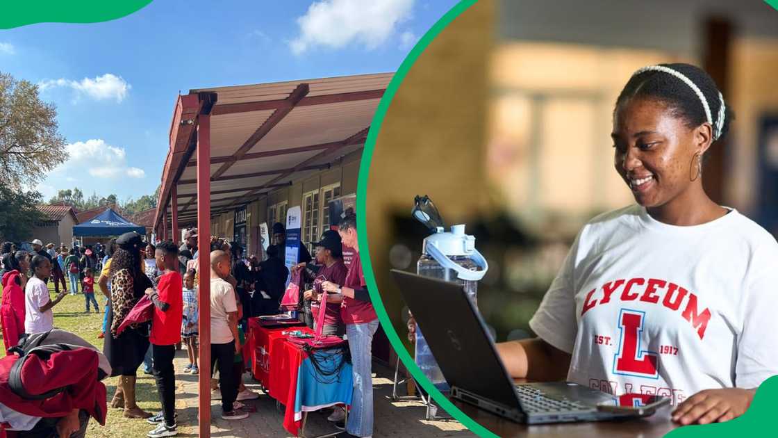 People visiting the Lyceum College stand during an expo, and a student in a branded tee People visiting the Lyceum College stand during an expo, and a student in a branded tee