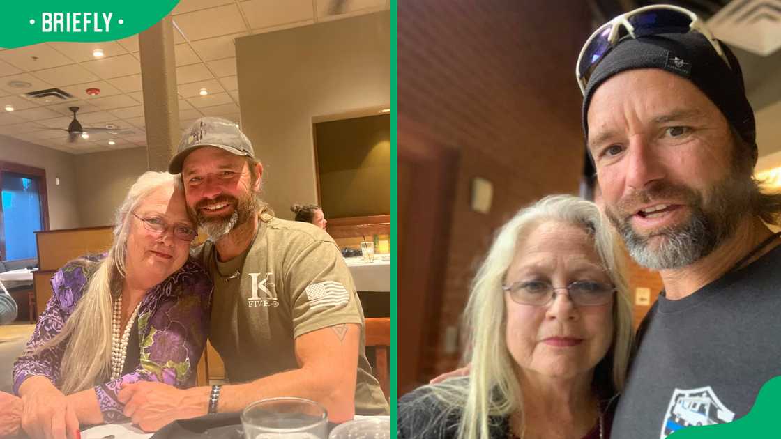 June Hawkins sitting at a table with her son Eric (L). Eric and June taking a selfie (R)