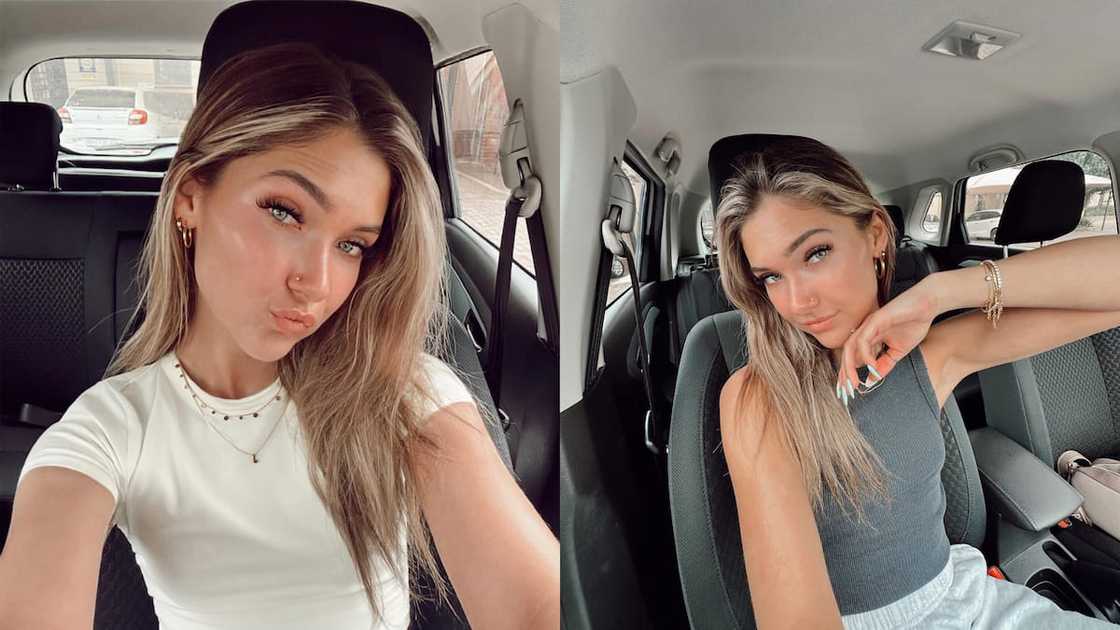Chané Grobler posing for selfies inside her car Chané Grobler posing for selfies inside her car