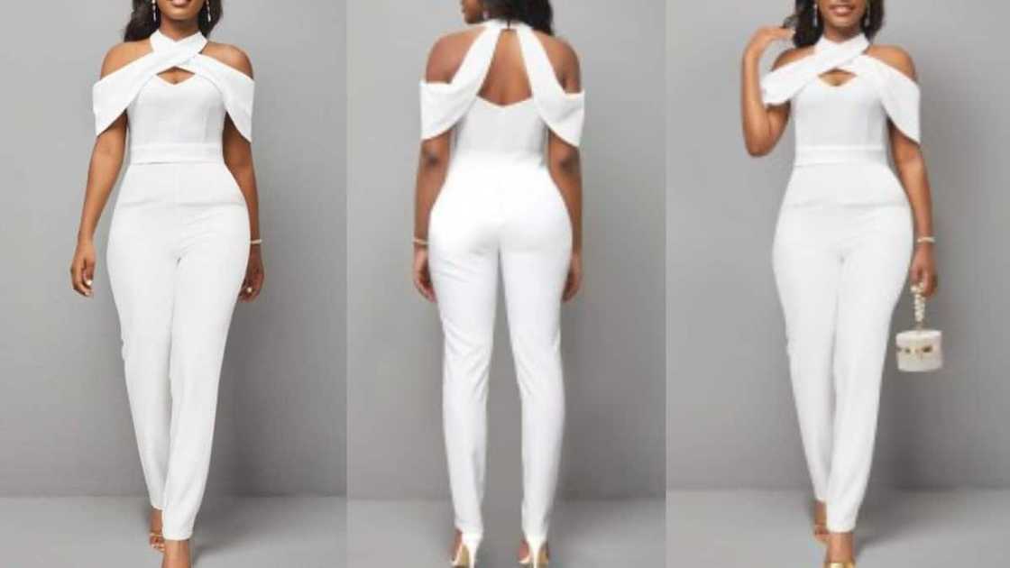 Cold shoulder short-sleeved jumpsuit with cross-collar neckline Cold shoulder short-sleeved jumpsuit with cross-collar neckline