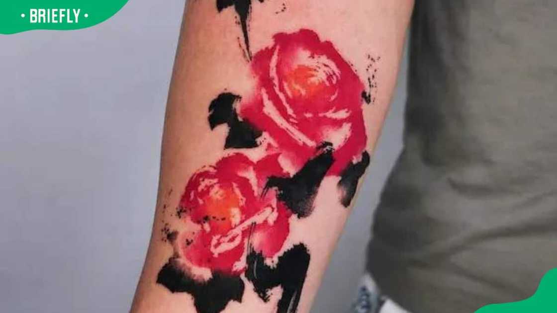 Oriental ink painting rose tattoo