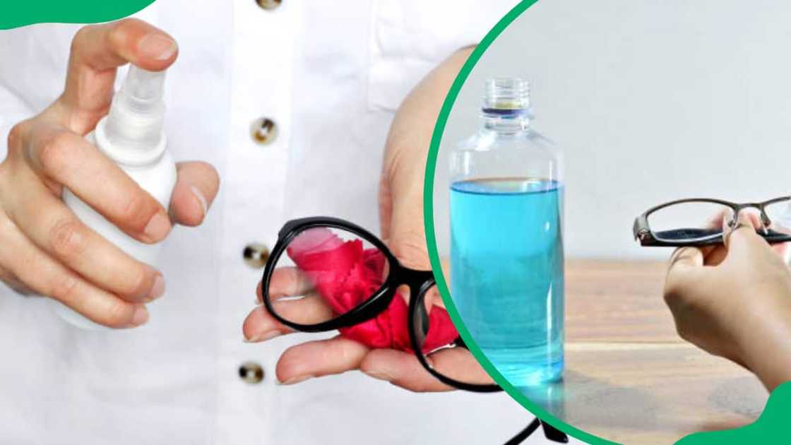 A person cleaning eyeglasses with alcohol