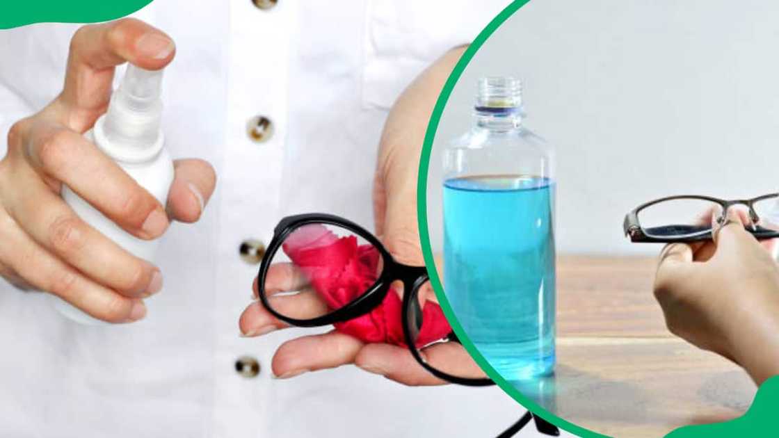A person cleaning eyeglasses with alcohol A person cleaning eyeglasses with alcohol