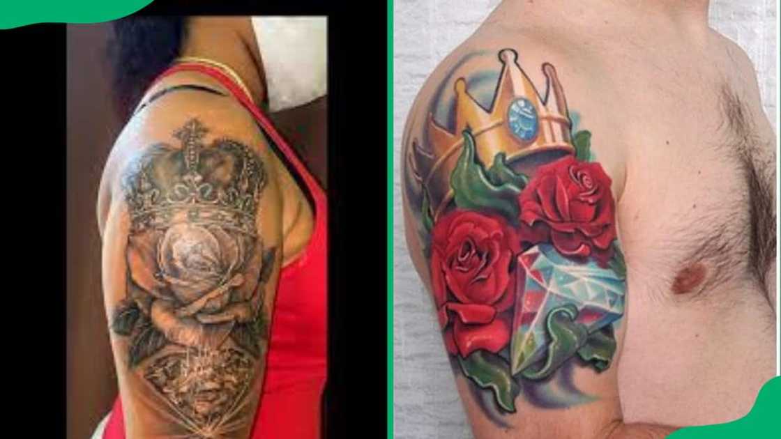 Crown and diamond rose tattoo