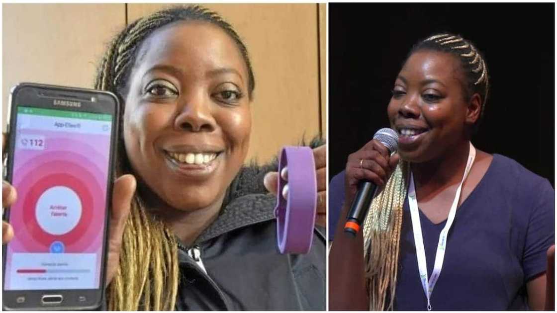 A photo showing Dirata holding up the app and the bracelet. Photo source: HowAfrica A photo showing Dirata holding up the app and the bracelet. Photo source: HowAfrica