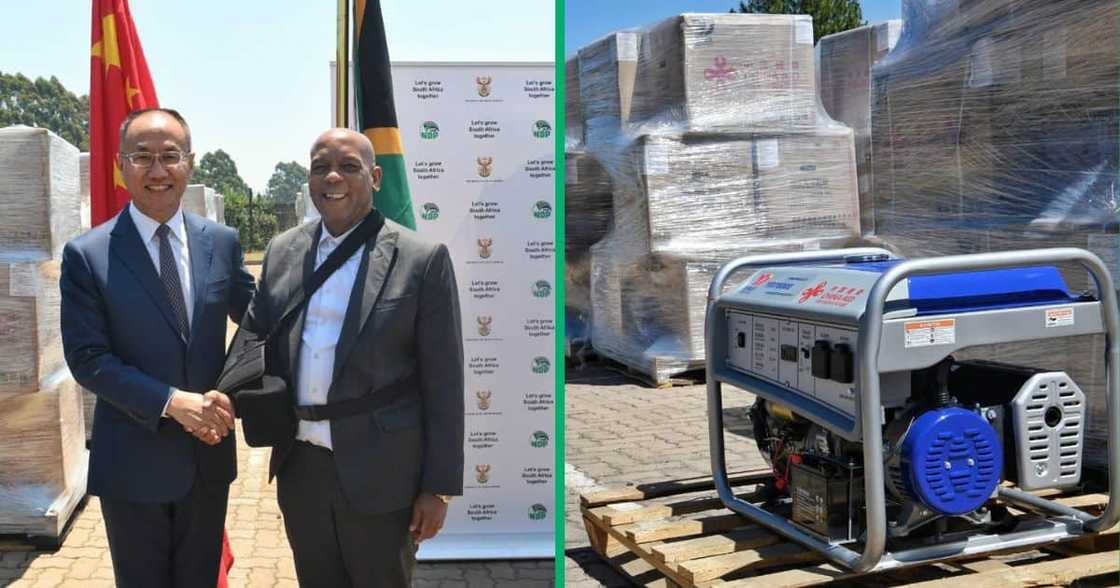 The Minister of Electricity Dr Kgosientsho Ramokgopa poses with the generators the Chinese government donated