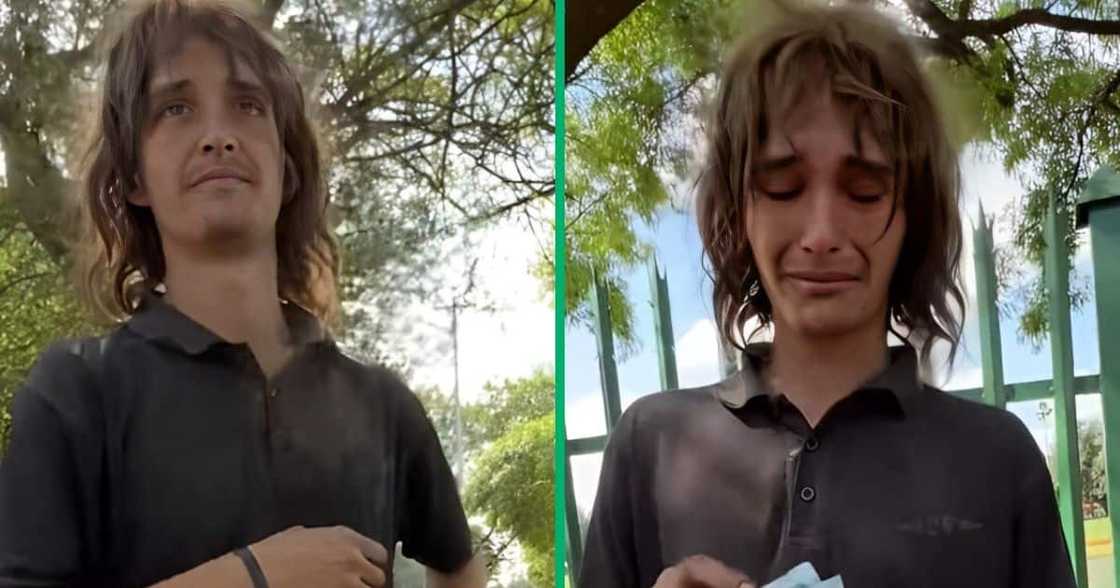 Homeless man cries after receiving money. Homeless man cries after receiving money.