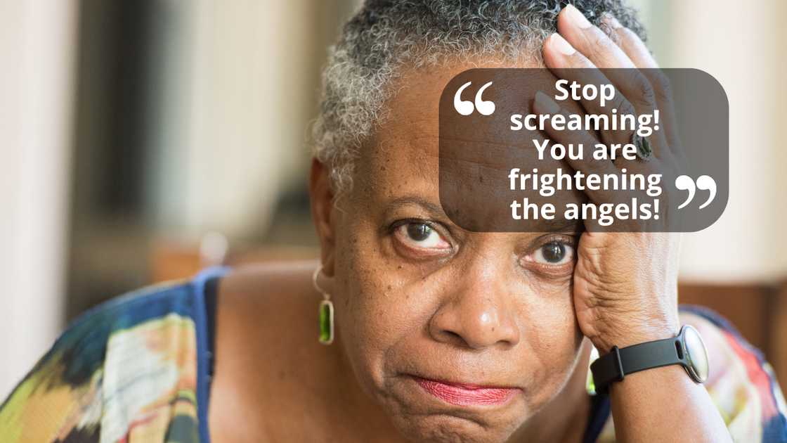 A distressed woman talking in panic, holding her head A distressed woman talking in panic, holding her head