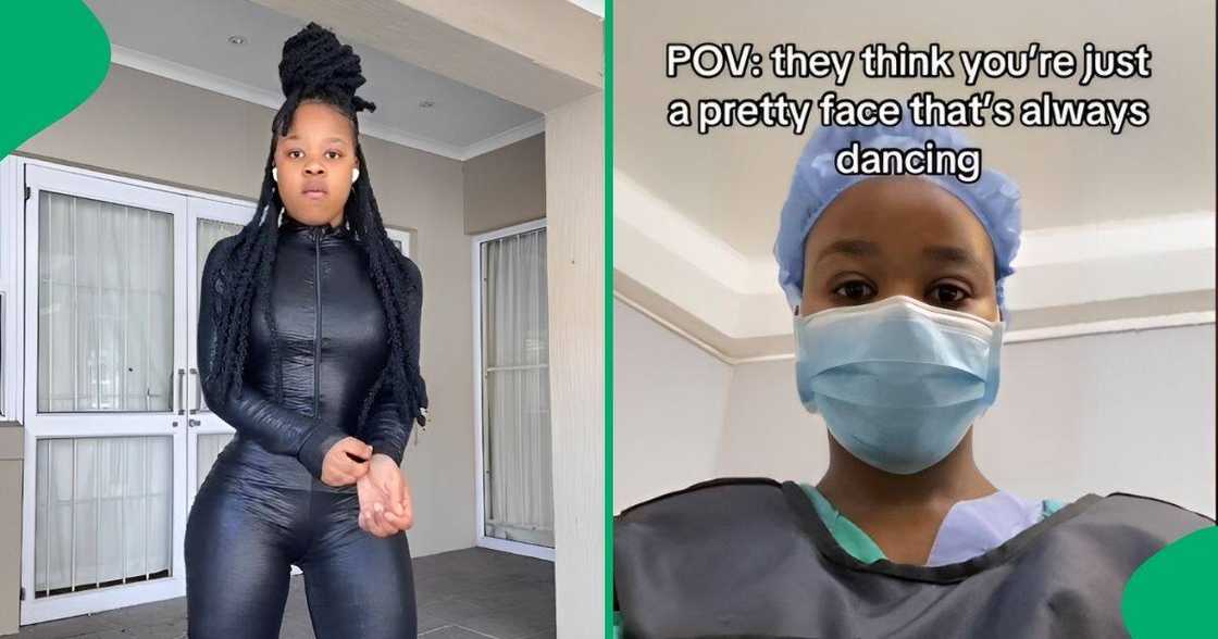 A dancer revealed her working in a healthcare setting, dressed in scrubs A dancer revealed her working in a healthcare setting, dressed in scrubs
