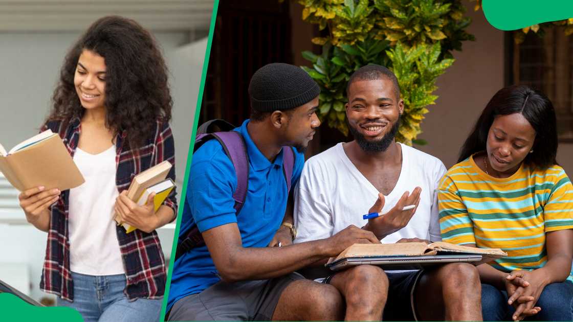 Study group of African people and a girl reading while walking Study group of African people and a girl reading while walking