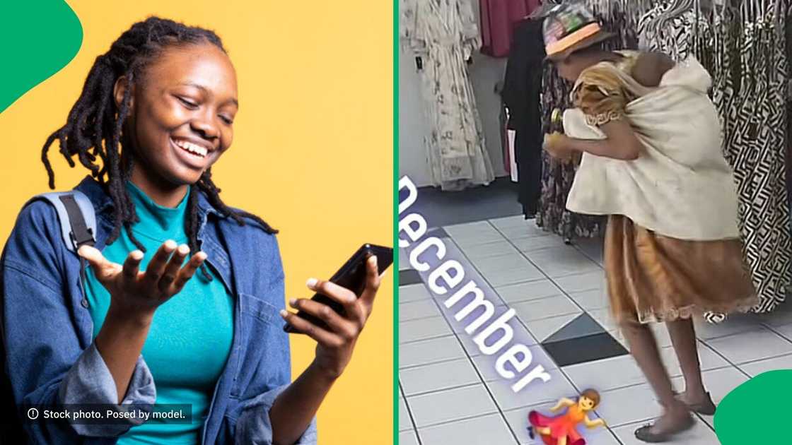 A TikTok video shows a mama dancing in a shop with a baby on her back. A TikTok video shows a mama dancing in a shop with a baby on her back.
