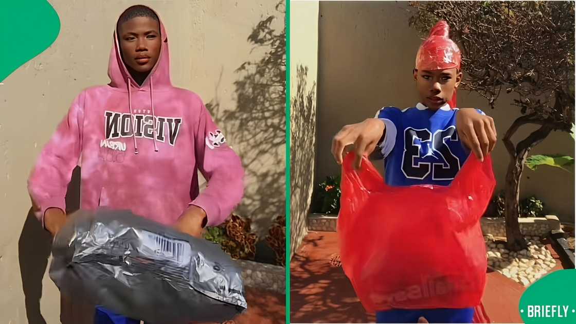 A young South African man showed off his amazing dress creation from plastics. A young South African man showed off his amazing dress creation from plastics.