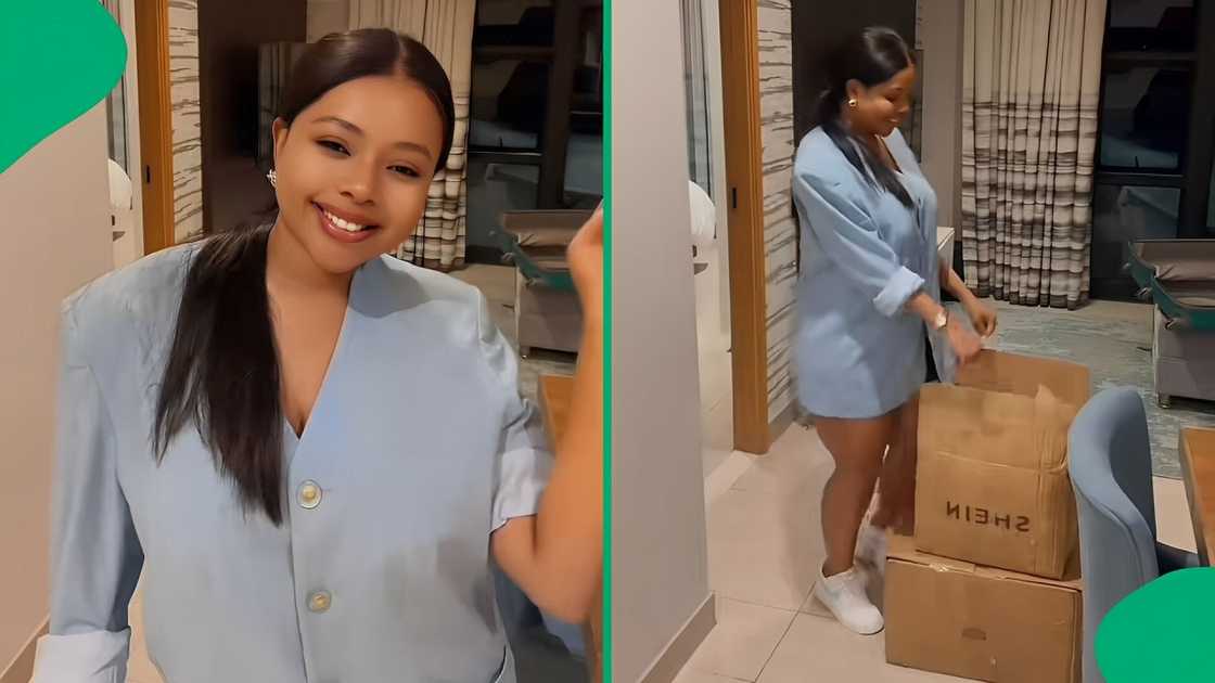 A TikTok video shows a woman unveiling her Shein haul worth R20k.