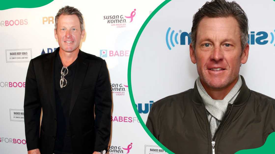 Lance Armstrong at El Rey Theatre in Los Angeles, California (L). Armstrong at SiriusXM Studios in New York City (R).