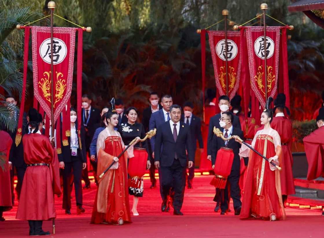 The leaders of five Central Asian states arrive for the welcoming ceremony of a summit being hosted by Chinese President Xi Jinping