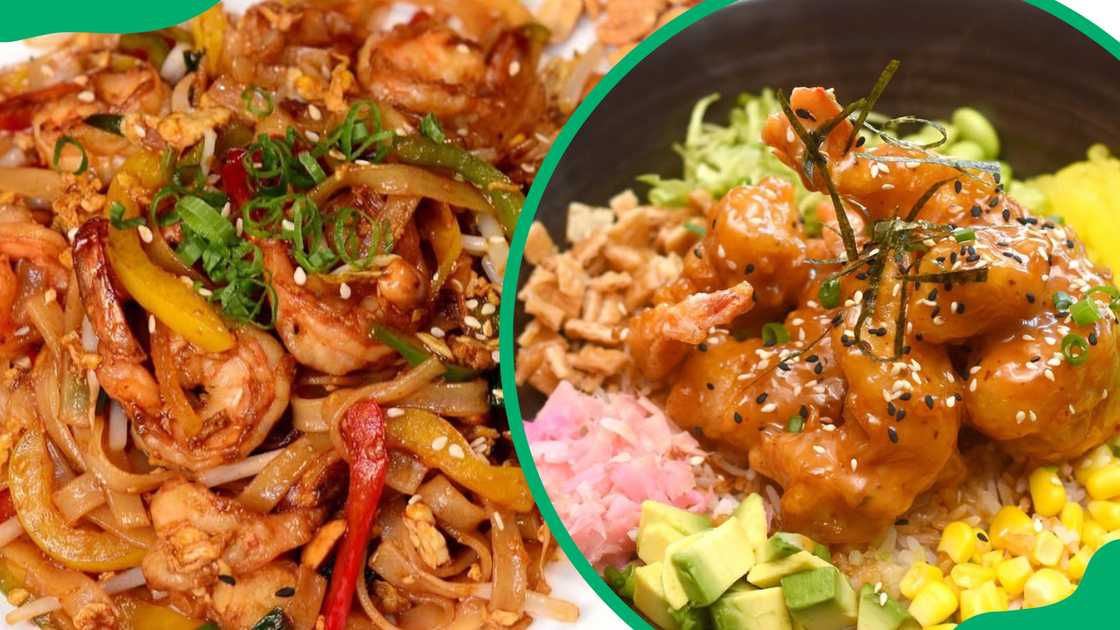 Prawn Pad Thai (L). Poke Bowls (R)