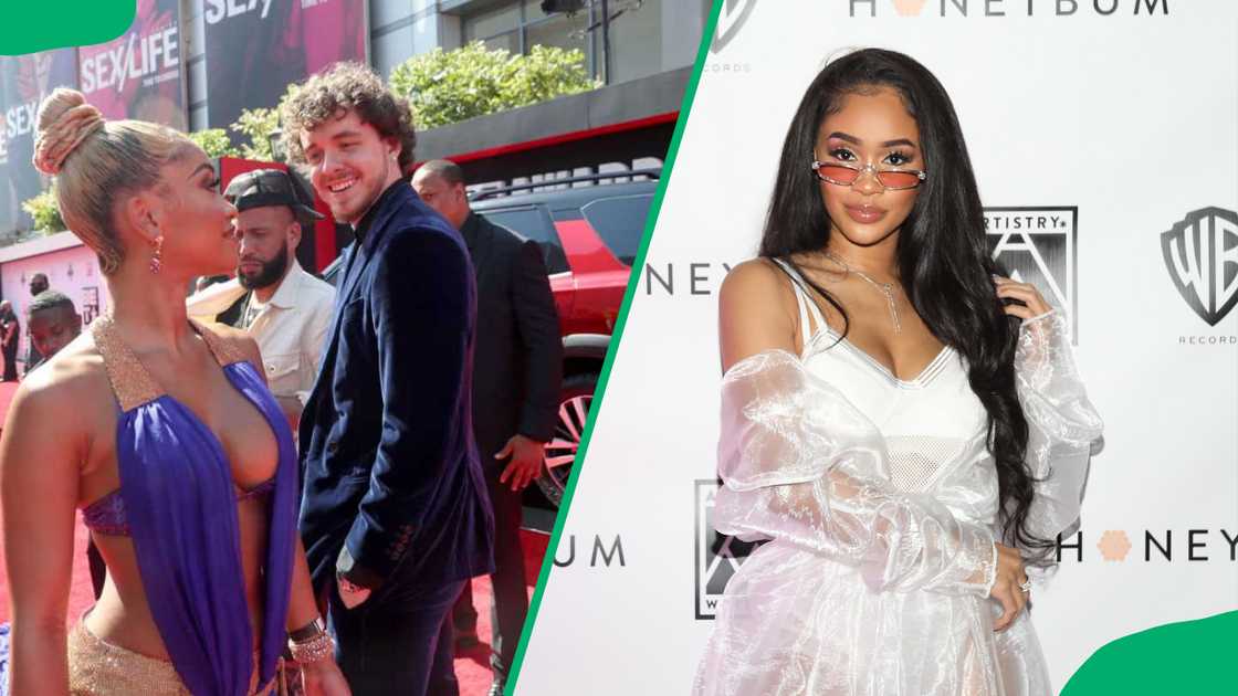 Jack Harlow and Saweetie smiling at each other at the BET Awards on the left and Saweetie attending another red-carpet event in white on the right Jack Harlow and Saweetie smiling at each other at the BET Awards on the left and Saweetie attending another red-carpet event in white on the right