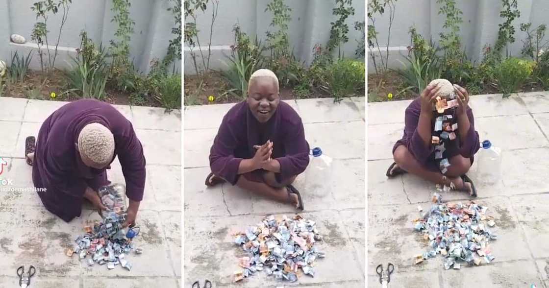 Woman opens 5L bottle with savings Woman opens 5L bottle with savings