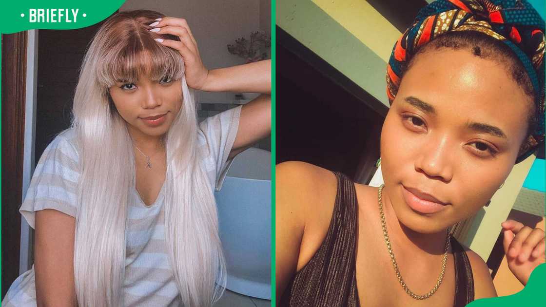 L: Sammie Heavens in a platinum blond wig. R: Sammie wearing a colourful scarf. L: Sammie Heavens in a platinum blond wig. R: Sammie wearing a colourful scarf.