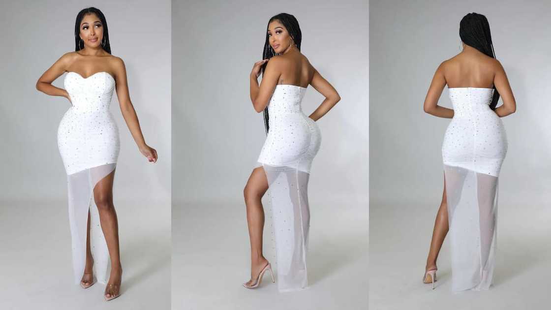 Strapless ruched gown with sweetheart neckline and rhinestones detail Strapless ruched gown with sweetheart neckline and rhinestones detail