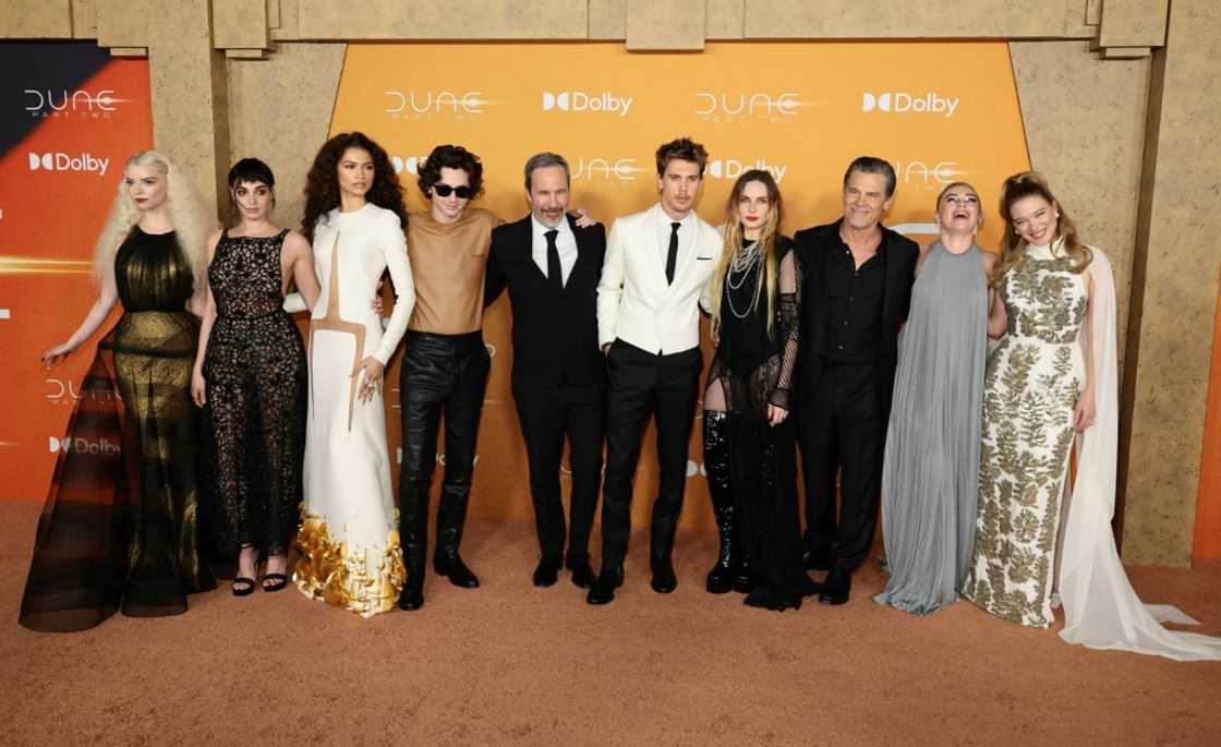 Attending the February 25 New York premiere of 'Dune: Part Two' are -- (L-R) Anya Taylor-Joy, Souheila Yacoub, Zendaya, Timothee Chalamet, director Denis Villeneuve, Austin Butler, Rebecca Ferguson, Josh Brolin, Florence Pugh and Lea Seydoux