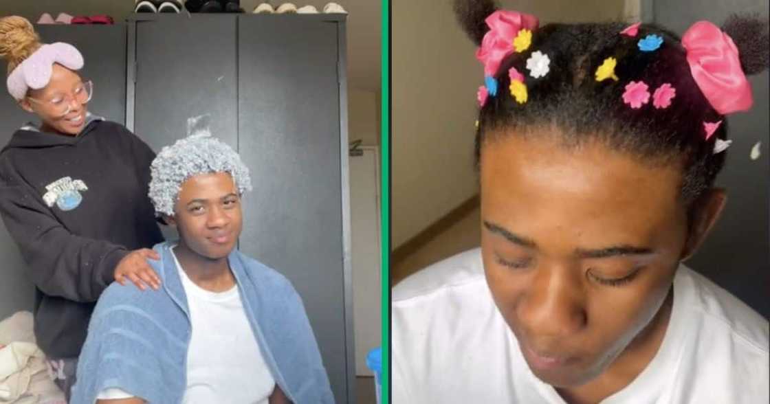 A woman played with her boyfriend's hair A woman played with her boyfriend's hair