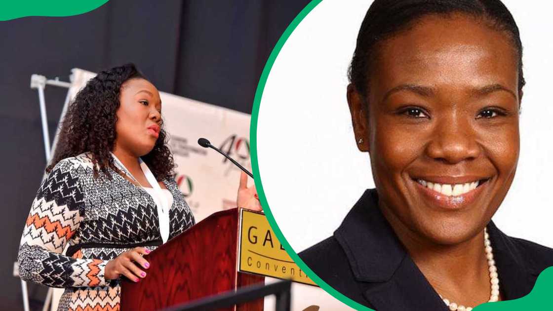 Tsakani Maluleke speaking at a public event and her official potrait. Tsakani Maluleke speaking at a public event and her official potrait.