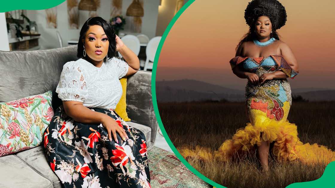 Makhumalo Mseleku in a white top and floral skirt and she poses in a traditional out on a grassland Makhumalo Mseleku in a white top and floral skirt and she poses in a traditional out on a grassland