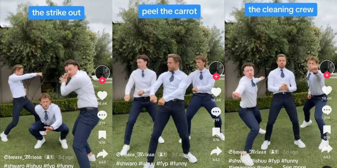 Three young men showed off their skillful imaginative moves in a TikTok video which pleased Mzansi Three young men showed off their skillful imaginative moves in a TikTok video which pleased Mzansi