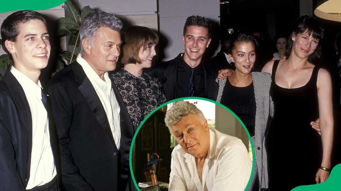 Actor Tony (2nd left) with his children son Benjamin, daughter Kelly, son Nicholas, daughter Allegra, and daughter actress Jamie Lee (left to right)1989. Actor Tony (2nd left) with his children son Benjamin, daughter Kelly, son Nicholas, daughter Allegra, and daughter actress Jamie Lee (left to right)1989.