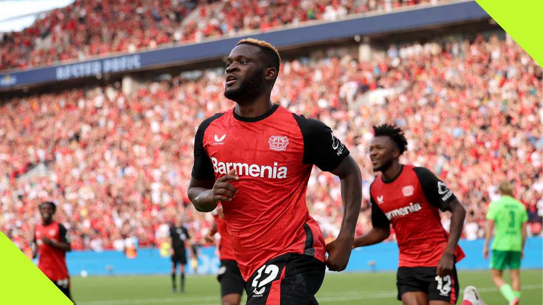 Victor Boniface celebrates his goal for Bayer Levrkusen Victor Boniface celebrates his goal for Bayer Levrkusen