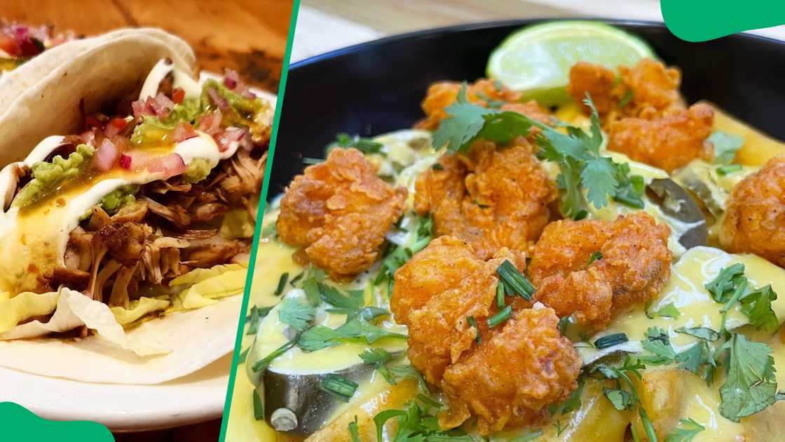 Smoked Jack Fruit Taco (L). Prawn-loaded fries (R) Smoked Jack Fruit Taco (L). Prawn-loaded fries (R)