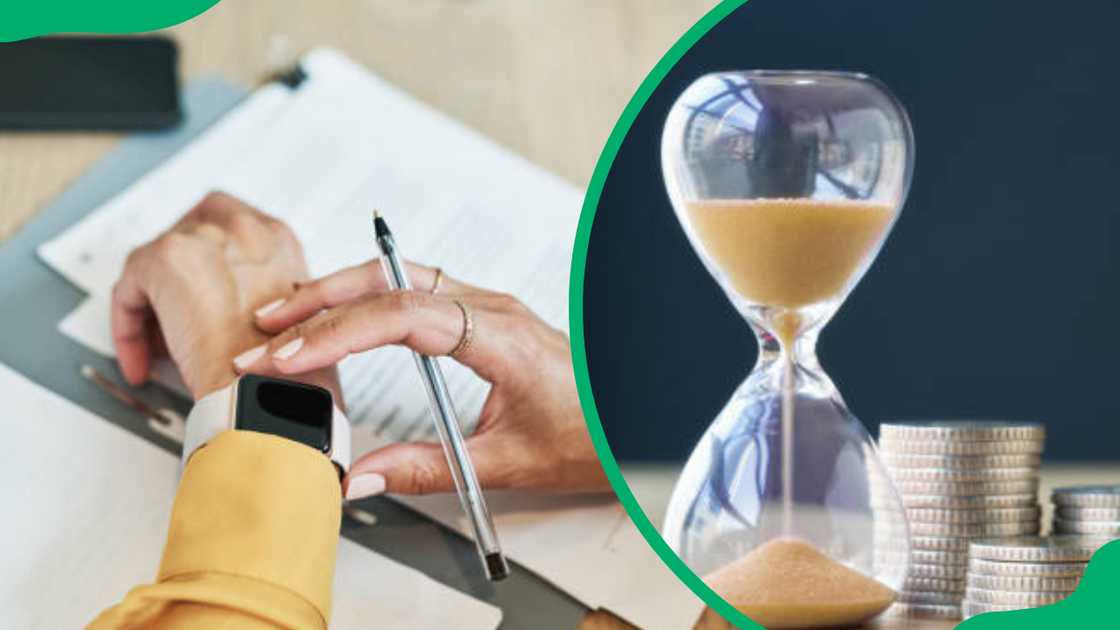 A man checking time on his wrist watch A man checking time on his wrist watch
