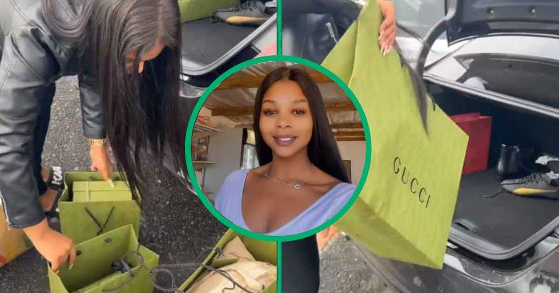 lady stuffing her trunk with Gucci shopping bags lady stuffing her trunk with Gucci shopping bags