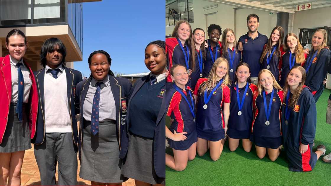 St Peter's College students standing in front of a building and the school's polo team