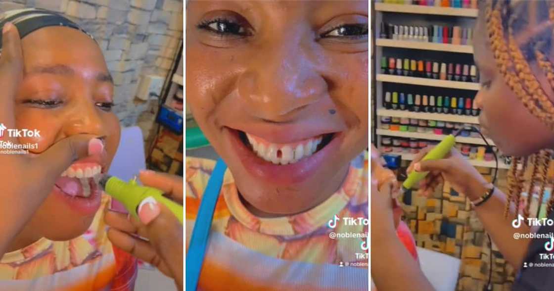 TikTok user @noblenails1 uses a nail dermal drill to grind away your teeth, giving you a gap TikTok user @noblenails1 uses a nail dermal drill to grind away your teeth, giving you a gap