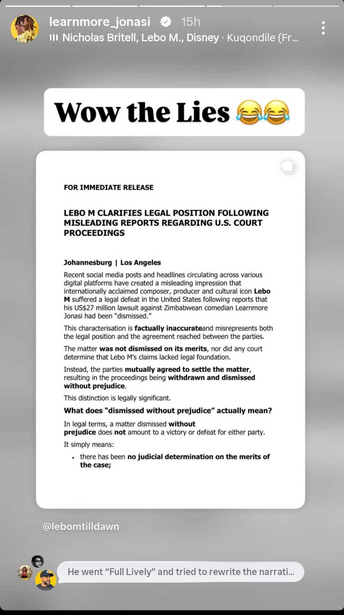 Learnmore Jonasi responds to Lebo M's allegations after $27 million lawsuit got dismissed