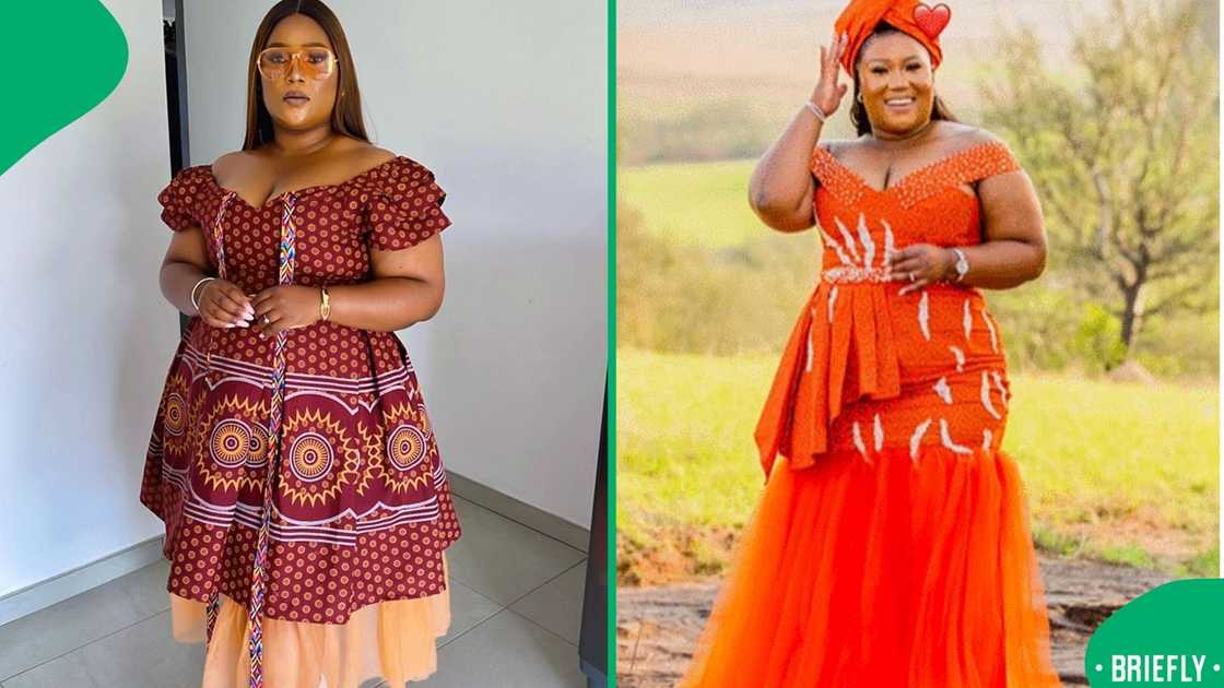 The visual on the right showed a woman posing outdoors in a bright orange traditional gown with white detailing and a matching headwrap The visual on the right showed a woman posing outdoors in a bright orange traditional gown with white detailing and a matching headwrap