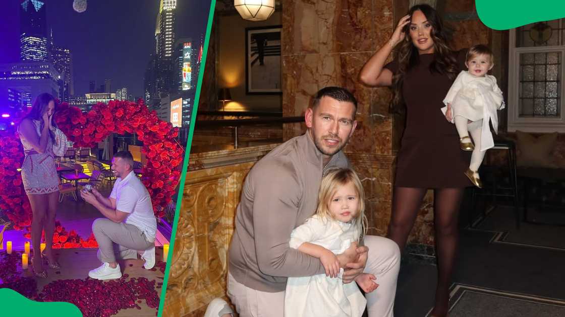 Jake Ankers and Charlotte Crosby during their 2023 proposal (L). The couple with their kids: Alba and Pixi (R)