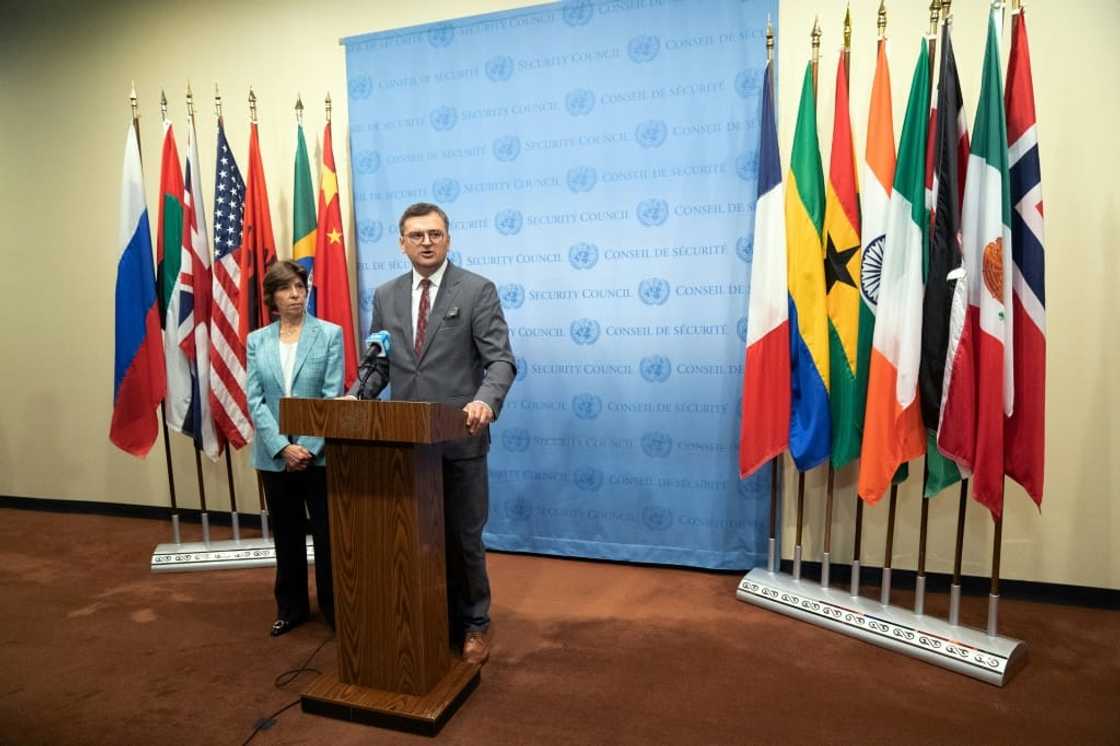 Ukrainian Foreign Minister Dmytro Kuleba and French Foreign Minister Catherine Colonna speak to the press outside the UN Security Council