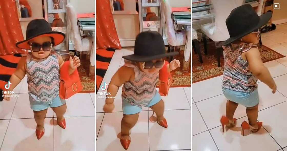 A toddler wore her mother's clothes A toddler wore her mother's clothes